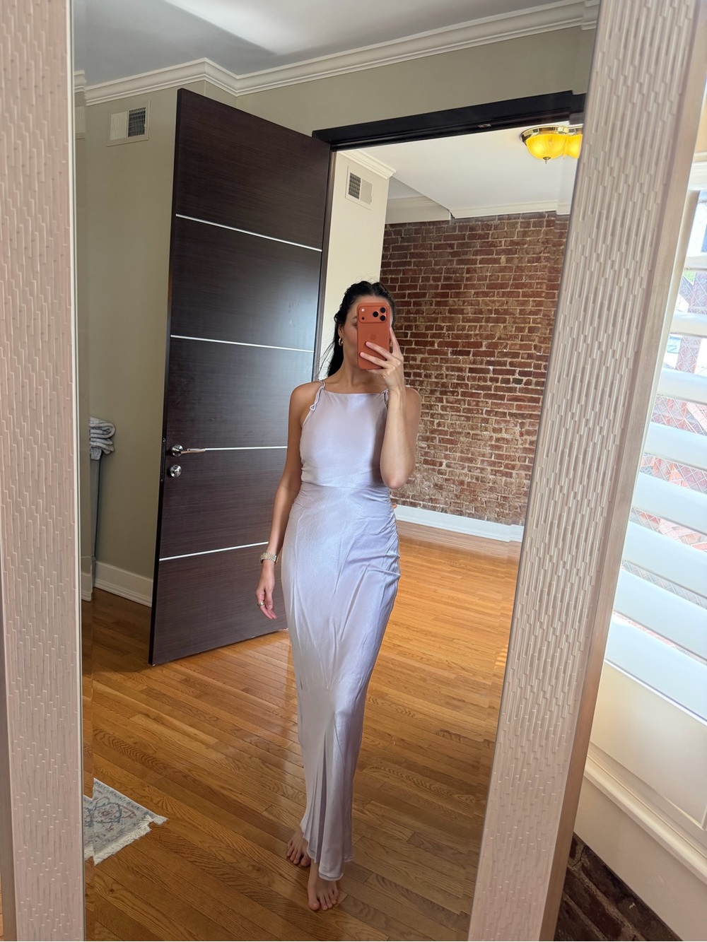 Shona Joy Silver Halter Satin Maxi Dress